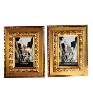 2 Vintage Renderings Metallic Gold Gild Tabletop Photo Picture Frame 10”x8” Set